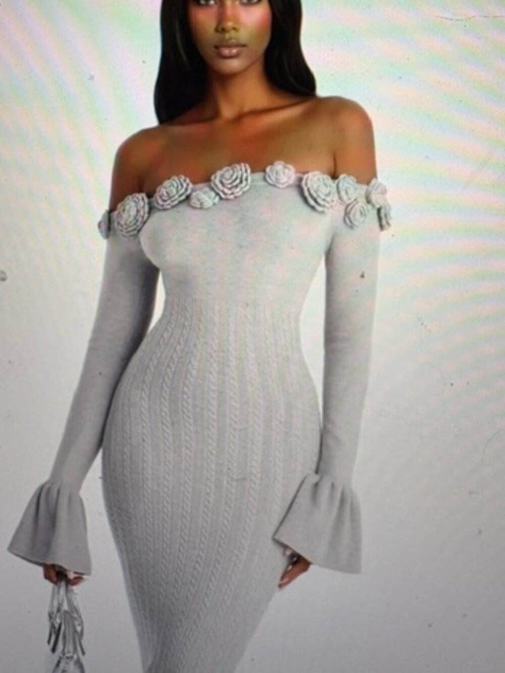 Fashion Nova Off Shoulder Grey Sweater Dress W/ Roses NWT, Sz L